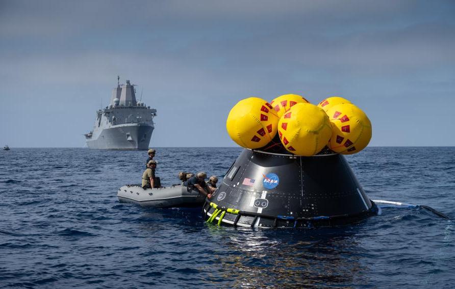 The Crew Module Test Article (CMTA) is seen in the waters of the Pacific Ocean during NASA’s Underway Recovery Test 10 (URT-10). The CMTA is a full-scale mockup of the Orion spacecraft and is used by NASA and its Department of Defense partners to practice recovery procedures for crewed Artemis missions. URT-10 is the first test specifically in support of the Artemis II mission and allowed the team to practice what it will be like to recover astronauts and get them back to the recovery ship safely.