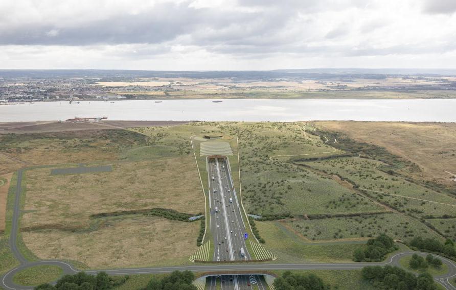 Visualization of Lower Thames Crossing aerial view toward River Thames